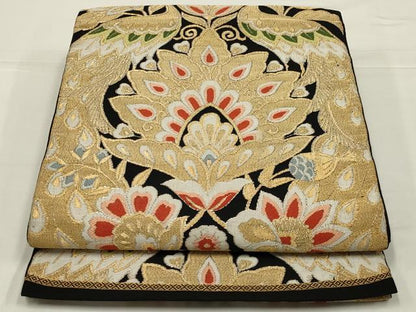 平和屋着物◎六通柄　本袋帯　更紗花鳥文　黒地　金銀糸　正絹　逸品　AABK5631ou