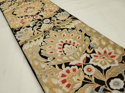 平和屋着物◎六通柄　本袋帯　更紗花鳥文　黒地　金銀糸　正絹　逸品　AABK5631ou