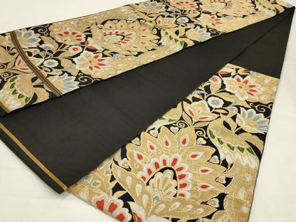 平和屋着物◎六通柄　本袋帯　更紗花鳥文　黒地　金銀糸　正絹　逸品　AABK5631ou