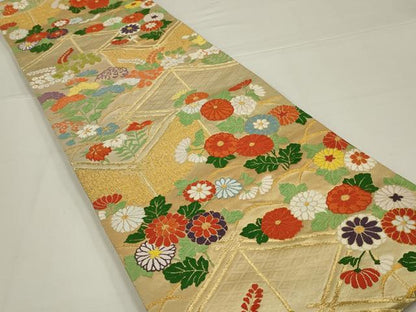 平和屋着物◎六通柄袋帯　唐織　草花文　金糸　正絹　逸品　AABK5636ou