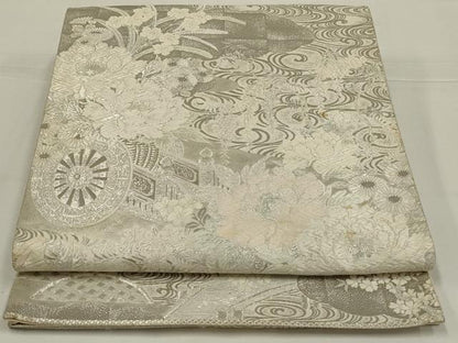 平和屋着物◎六通柄袋帯　唐織　花車文　銀糸　正絹　逸品　AABK5638ou