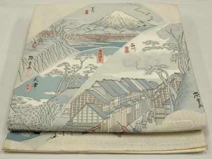 平和屋着物◎太鼓柄袋帯　東海道五十三次　銀糸　正絹　逸品　AABK5639ou