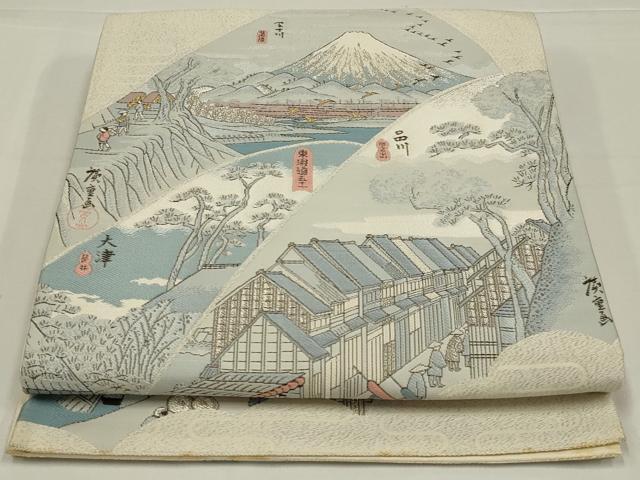 平和屋着物◎太鼓柄袋帯　東海道五十三次　銀糸　正絹　逸品　AABK5639ou