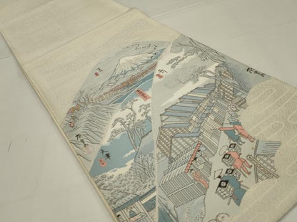 平和屋着物◎太鼓柄袋帯　東海道五十三次　銀糸　正絹　逸品　AABK5639ou
