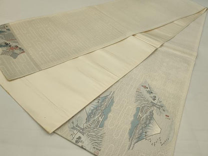 平和屋着物◎太鼓柄袋帯　東海道五十三次　銀糸　正絹　逸品　AABK5639ou