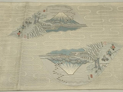 平和屋着物◎太鼓柄袋帯　東海道五十三次　銀糸　正絹　逸品　AABK5639ou