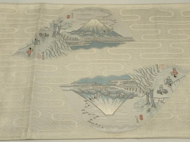 平和屋着物◎太鼓柄袋帯　東海道五十三次　銀糸　正絹　逸品　AABK5639ou
