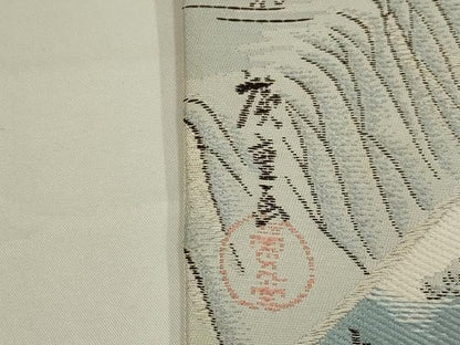 平和屋着物◎太鼓柄袋帯　東海道五十三次　銀糸　正絹　逸品　AABK5639ou