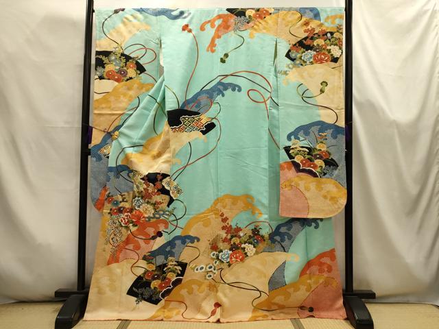 平和屋着物■豪華振袖　駒刺繍　立波地紙花文　金銀彩　ロング丈　正絹　逸品　AABK5643sx