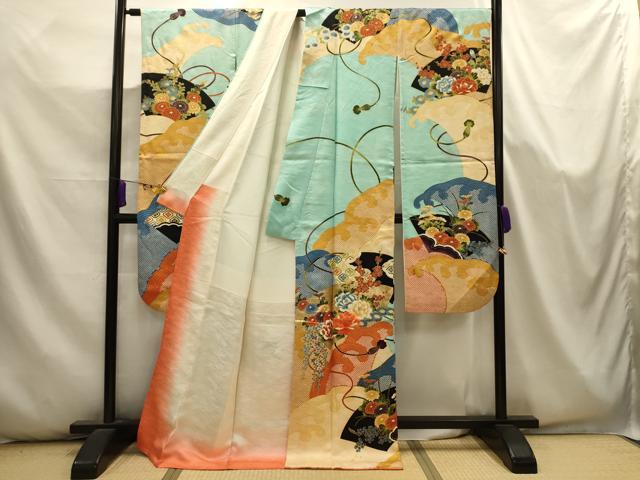 平和屋着物■豪華振袖　駒刺繍　立波地紙花文　金銀彩　ロング丈　正絹　逸品　AABK5643sx