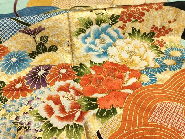 平和屋着物■豪華振袖　駒刺繍　立波地紙花文　金銀彩　ロング丈　正絹　逸品　AABK5643sx