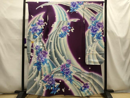 平和屋着物■豪華振袖　流水花文　暈し染め　銀彩　正絹　逸品　AABK5657sx