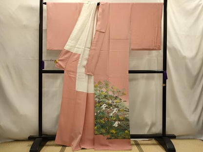 平和屋着物■豪華色留袖　友禅　作家物　飛鶴梅松文　正絹　逸品　AABK5663sx