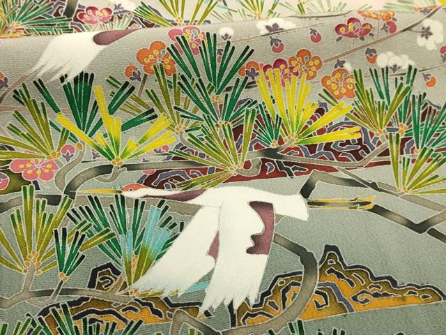 平和屋着物■豪華色留袖　友禅　作家物　飛鶴梅松文　正絹　逸品　AABK5663sx