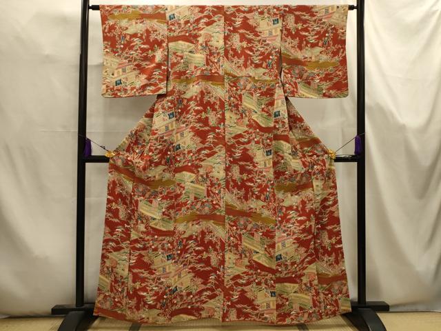 平和屋着物■上質な小紋　人物風景文　金彩　正絹　逸品　AABK5667sx