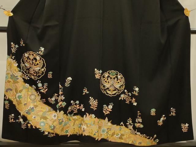 平和屋着物■豪華黒留袖　駒刺繍　雪輪双鳥花文　暈し染め　金彩　正絹　逸品　AABK5693sx