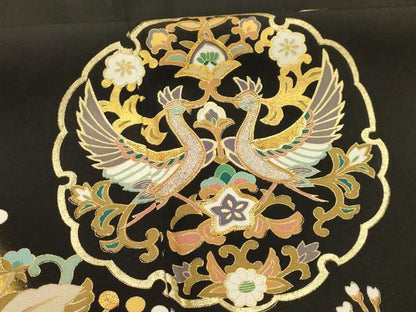 平和屋着物■豪華黒留袖　駒刺繍　雪輪双鳥花文　暈し染め　金彩　正絹　逸品　AABK5693sx