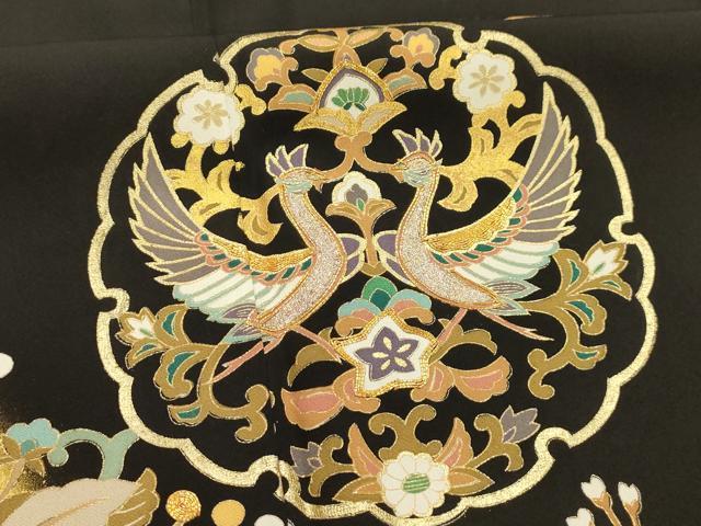 平和屋着物■豪華黒留袖　駒刺繍　雪輪双鳥花文　暈し染め　金彩　正絹　逸品　AABK5693sx