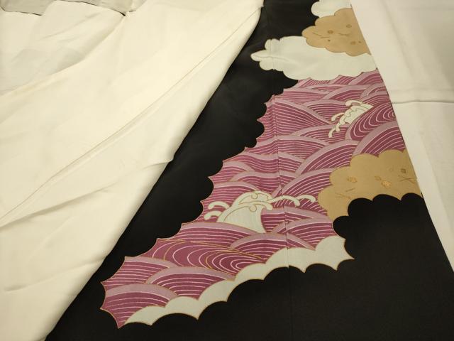 平和屋着物■豪華黒留袖　刺繍　立波飛鶴文　金銀糸　金彩　正絹　逸品　AABK5704sx