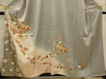 平和屋着物■訪問着　駒刺繍　流水地紙花蝶文　暈し染め　金彩　正絹　逸品　AABK5726sx