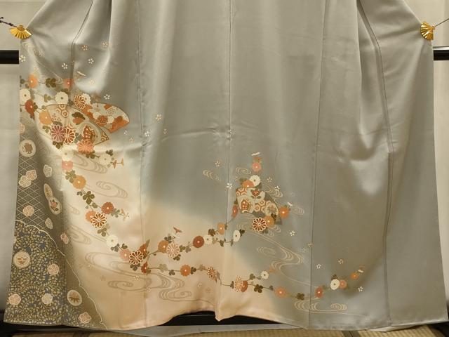 平和屋着物■訪問着　駒刺繍　流水地紙花蝶文　暈し染め　金彩　正絹　逸品　AABK5726sx