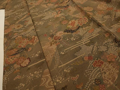 平和屋着物■上質な小紋　流水扇面花文　金彩　正絹　逸品　AABK5732sx