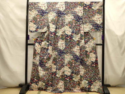平和屋着物■上質な小紋　松皮菱花鳥風景文　金彩　鬼しぼ縮緬　正絹　逸品　AABK5784sx