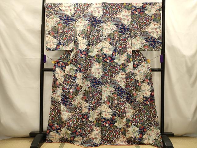 平和屋着物■上質な小紋　松皮菱花鳥風景文　金彩　鬼しぼ縮緬　正絹　逸品　AABK5784sx