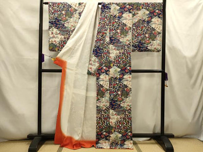 平和屋着物■上質な小紋　松皮菱花鳥風景文　金彩　鬼しぼ縮緬　正絹　逸品　AABK5784sx