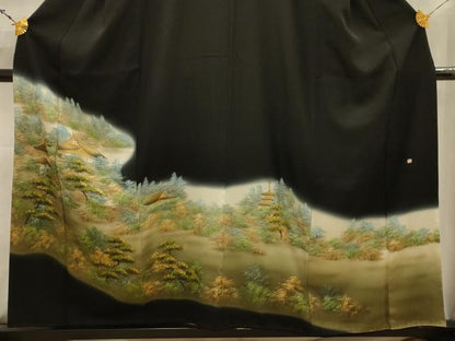 平和屋着物■豪華黒留袖　作家物　霞取り風景文　暈し染め　金彩　正絹　逸品　AABK5823sx