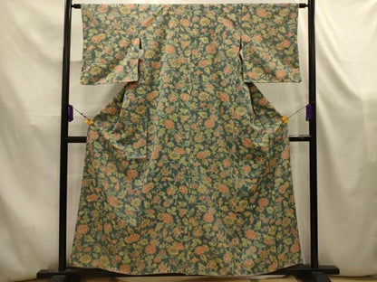 平和屋着物■上質な小紋　紬地　更紗花文　暈し染め　正絹　逸品　AABK5843sx