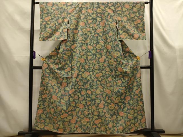 平和屋着物■上質な小紋　紬地　更紗花文　暈し染め　正絹　逸品　AABK5843sx