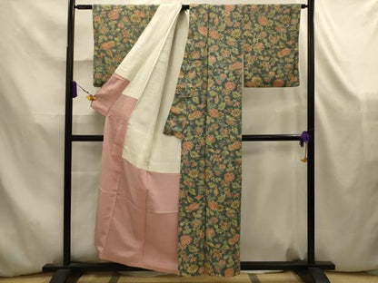 平和屋着物■上質な小紋　紬地　更紗花文　暈し染め　正絹　逸品　AABK5843sx