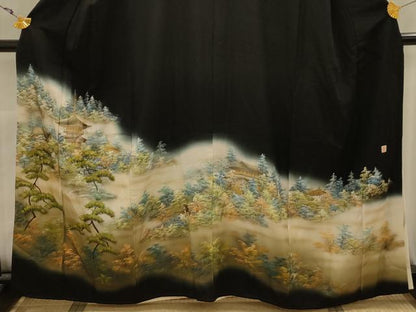 平和屋着物■豪華黒留袖　作家物　風景文　暈し染め　金彩　正絹　逸品　AABK5845sx