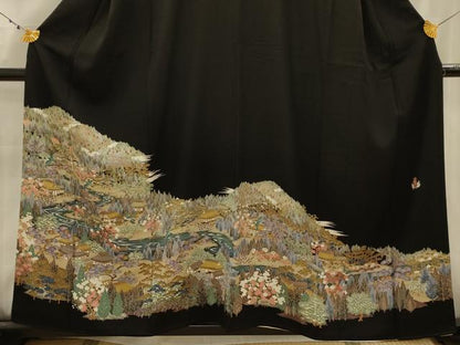 平和屋着物■豪華黒留袖　友禅　作家物　松竹梅飛鶴風景文　正絹　逸品　AABK5874sx