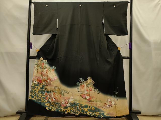 平和屋着物■豪華黒留袖　駒刺繍　流水笹舟花文　暈し染め　金彩　正絹　逸品　AABK5876sx