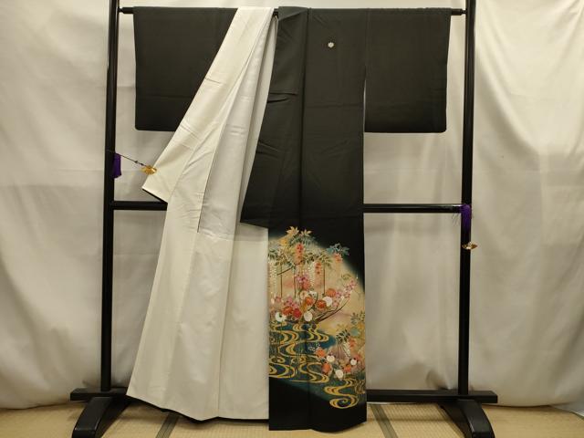 平和屋着物■豪華黒留袖　駒刺繍　流水笹舟花文　暈し染め　金彩　正絹　逸品　AABK5876sx