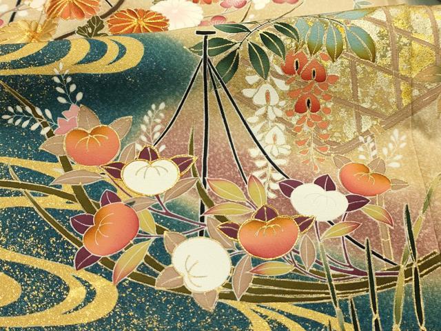 平和屋着物■豪華黒留袖　駒刺繍　流水笹舟花文　暈し染め　金彩　正絹　逸品　AABK5876sx