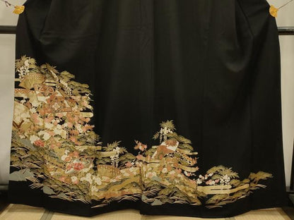 平和屋着物■豪華黒留袖　松竹梅地紙重ね花文　金彩　正絹　逸品　AABK5877sx