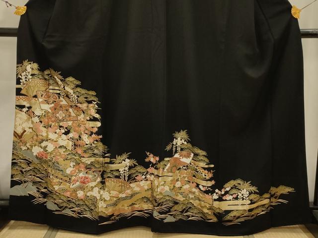平和屋着物■豪華黒留袖　松竹梅地紙重ね花文　金彩　正絹　逸品　AABK5877sx