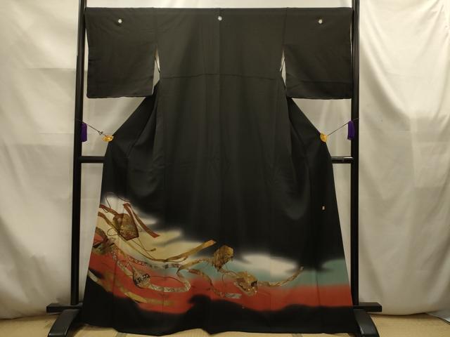 平和屋着物■越後染印傳　根津青宗　黒留袖　鬘帯花文箱文　暈し染め　金銀彩　正絹　逸品　AABK5879sx