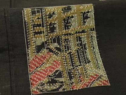 平和屋着物■上質な紬　色紙風景文　黒地　正絹　逸品　AABK5883sx