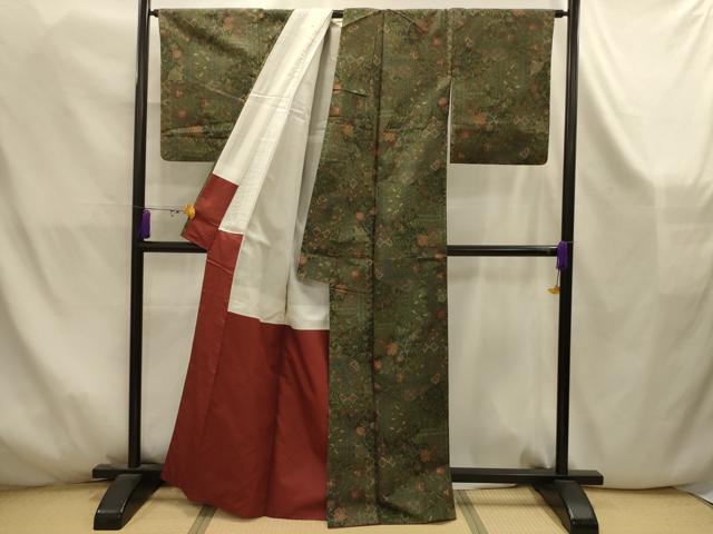 平和屋着物■上質な紬　草花文　正絹　逸品　AABK5886sx