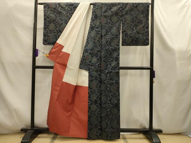 平和屋着物■上質な紬　更紗花文　正絹　逸品　AABK5889sx