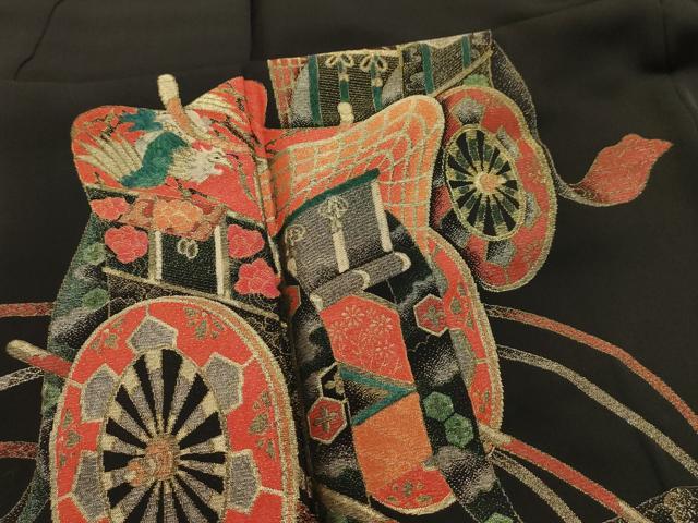 平和屋着物■豪華黒留袖　寿光織　御所車花鳥文　金銀糸　正絹　逸品　AABK5907sx