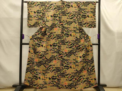 平和屋着物■上質な小紋　型染め　扇面吉祥花文　黒地　正絹　逸品　AABK5935sx