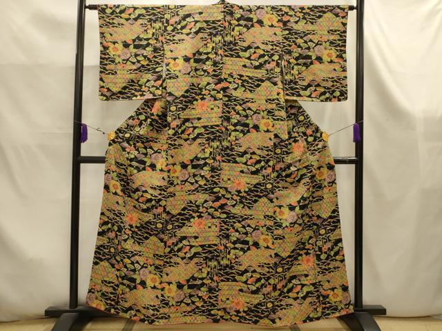 平和屋着物■上質な小紋　型染め　扇面吉祥花文　黒地　正絹　逸品　AABK5935sx