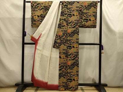 平和屋着物■上質な小紋　型染め　扇面吉祥花文　黒地　正絹　逸品　AABK5935sx