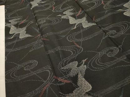 平和屋着物■上質な紬　流水飛鳥文　黒地　正絹　逸品　AABK5944sx