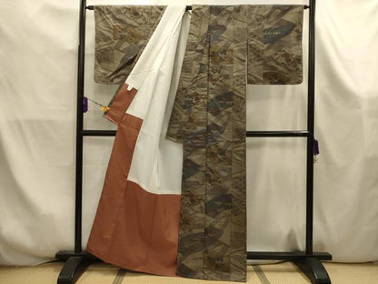 平和屋着物■上質な紬　松竹梅地紙重ね吉祥文　正絹　逸品　AABK5972sx